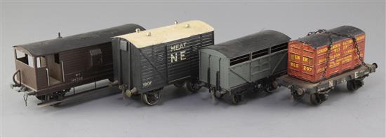 A NE flat truck 20T, no.27312, with LNER container load BLS297, a NE meat van, no.1906, in grey